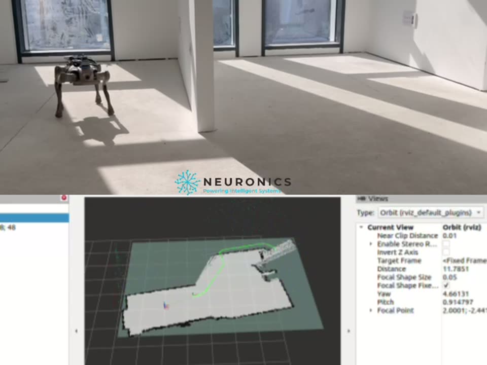 Robotic dog fitted with the Neuronic Ground Robotics Autonomy Box scanning a building interior