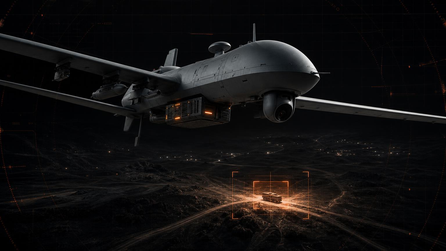 Tactical UAV in flight carrying a Neuronics ATR edge-AI compute module, with an orange detection reticle locked onto a ground target below