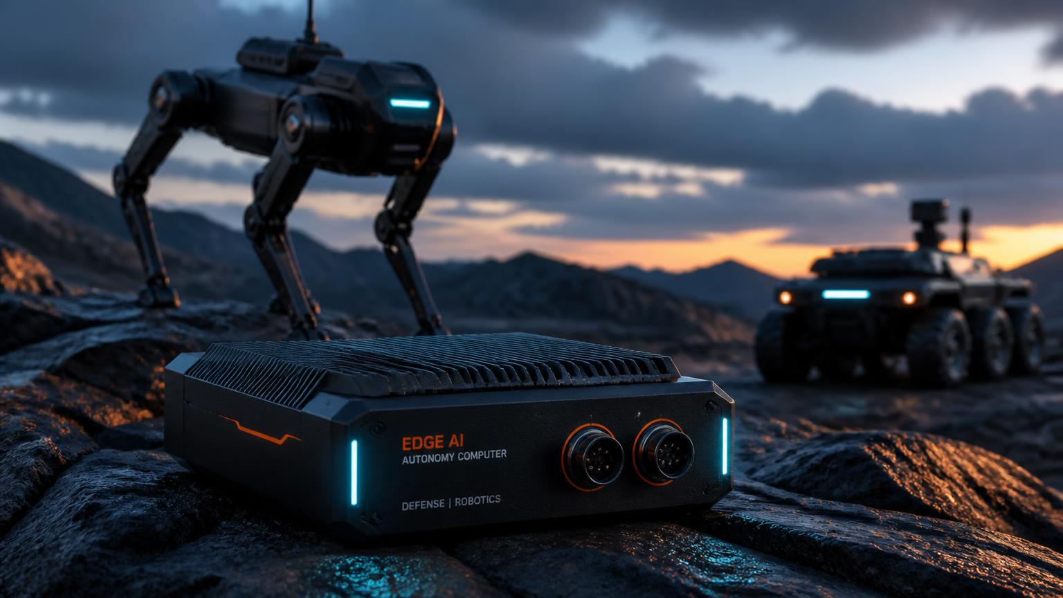Neuronics ADAS Autonomy Box, a compact edge-AI compute module with two round connectors, shown alongside an off-road UGV and a robotic quadruped
