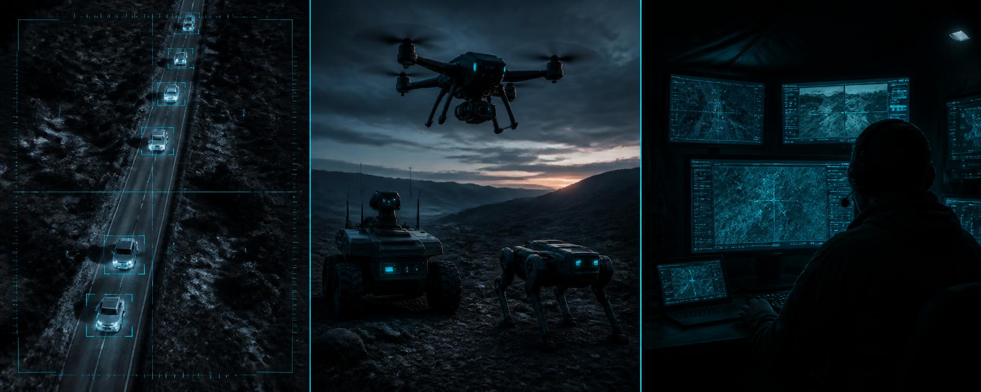 Neuronic stack: AI video analytics feed, drone and ground robots, and a tactical command post