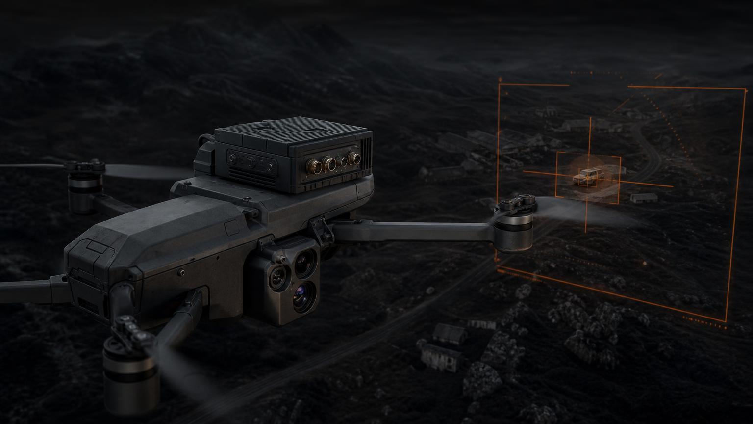 UAV / drone carrying a Neuronics ATR edge-AI module, with orange detection boxes tracking a target during a C-UAS mission